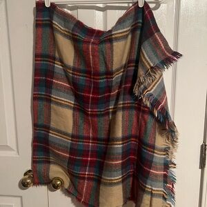 Plaid Fringe Blanket Scarf in Beige, Red & Teal